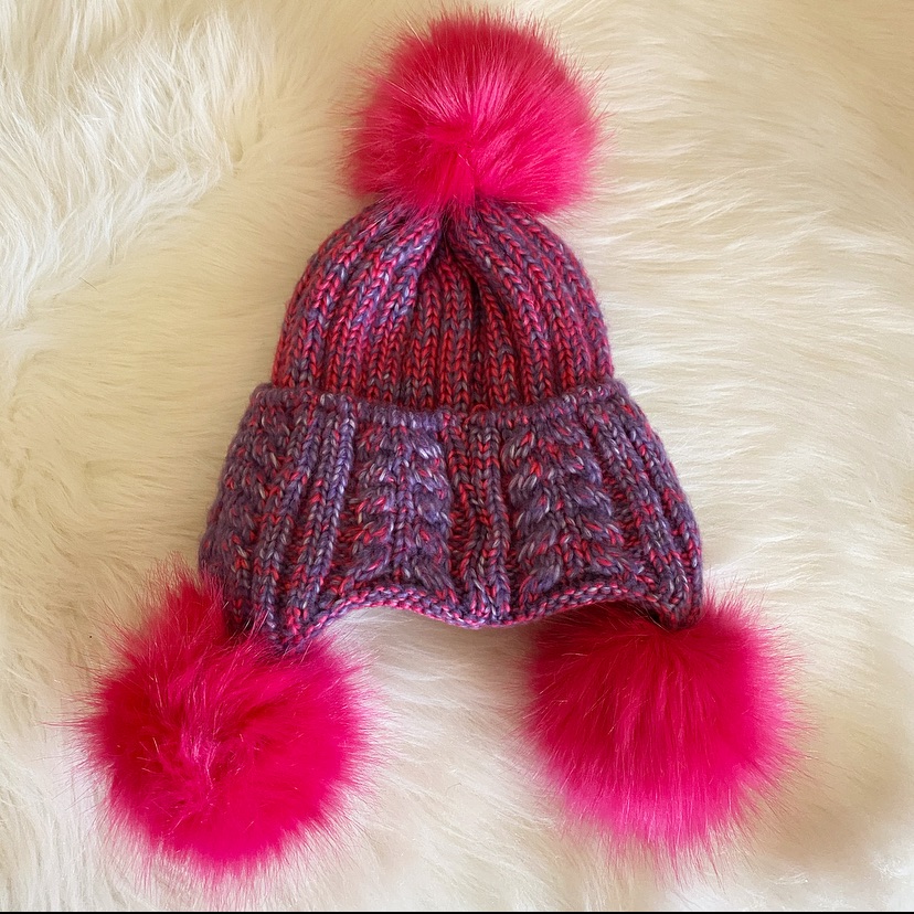 Pink Purple Knit Beanie W Pink Pom Poms